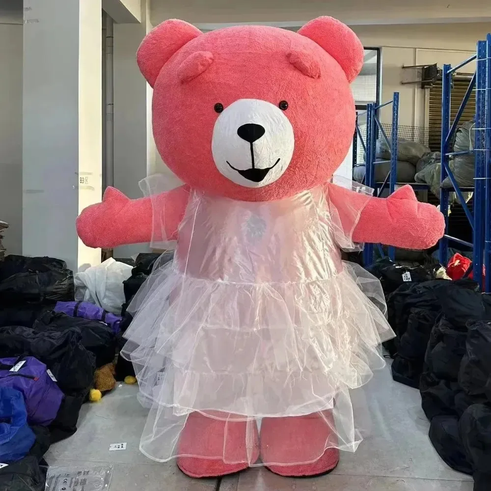 Inflatable White Dress Pink Teddy Bear Mascot Costume Suit Carnival Christmas Halloween Adult No Battery No Charger