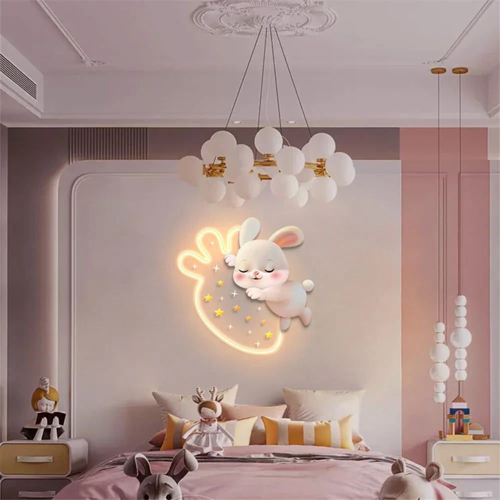 Cartoon Strawberry Rabbit Decorative Painting Led Wall Lamp Girls Bedroom Bedside Atmosphere Light Kids Acrylic Mural Sconces