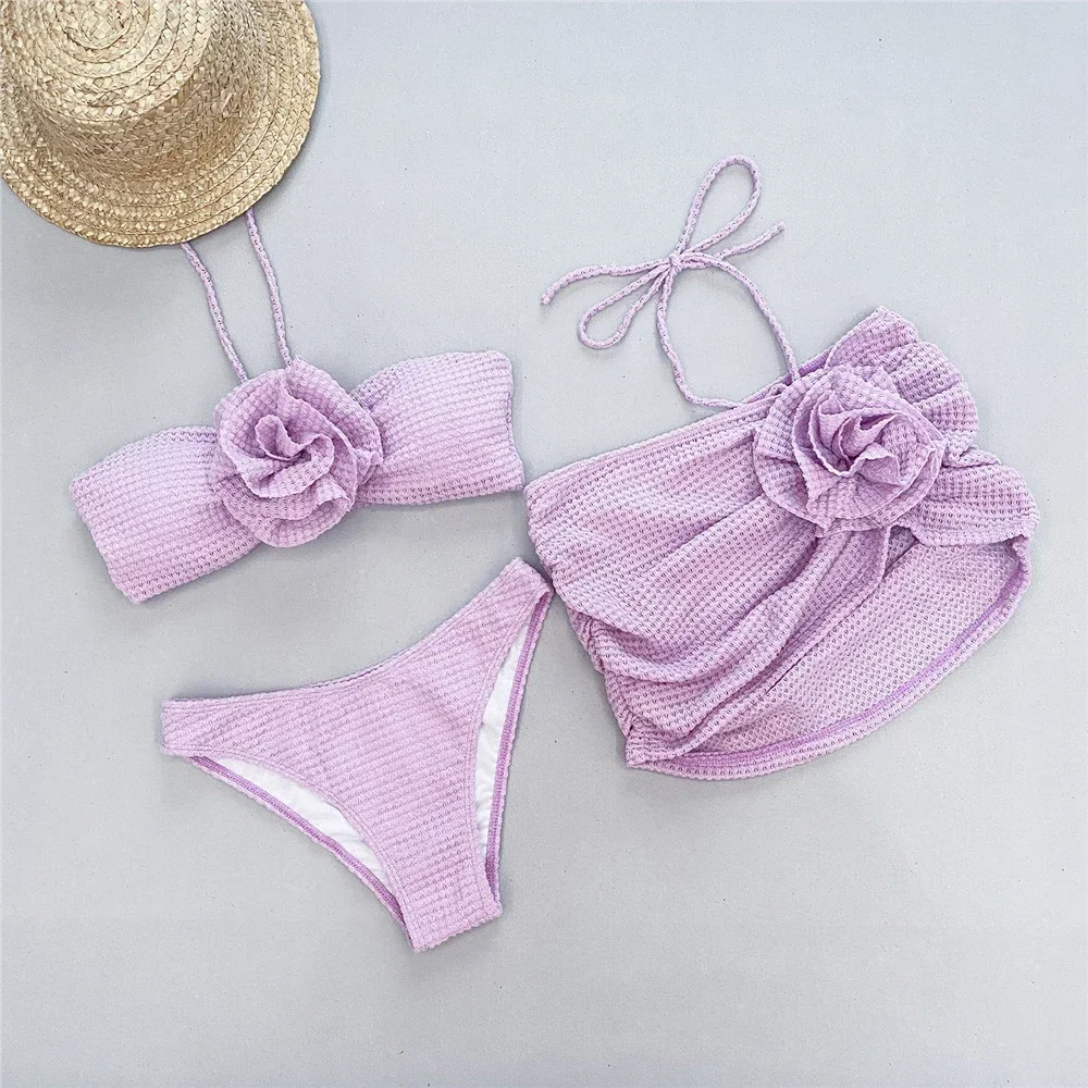 Sexy 3D Flower Swimwear with Cover Up Halter Bandeau Bikinis Set 2025 Women String Swimsuits Bathing Suit Bikini Mujer Beachwear