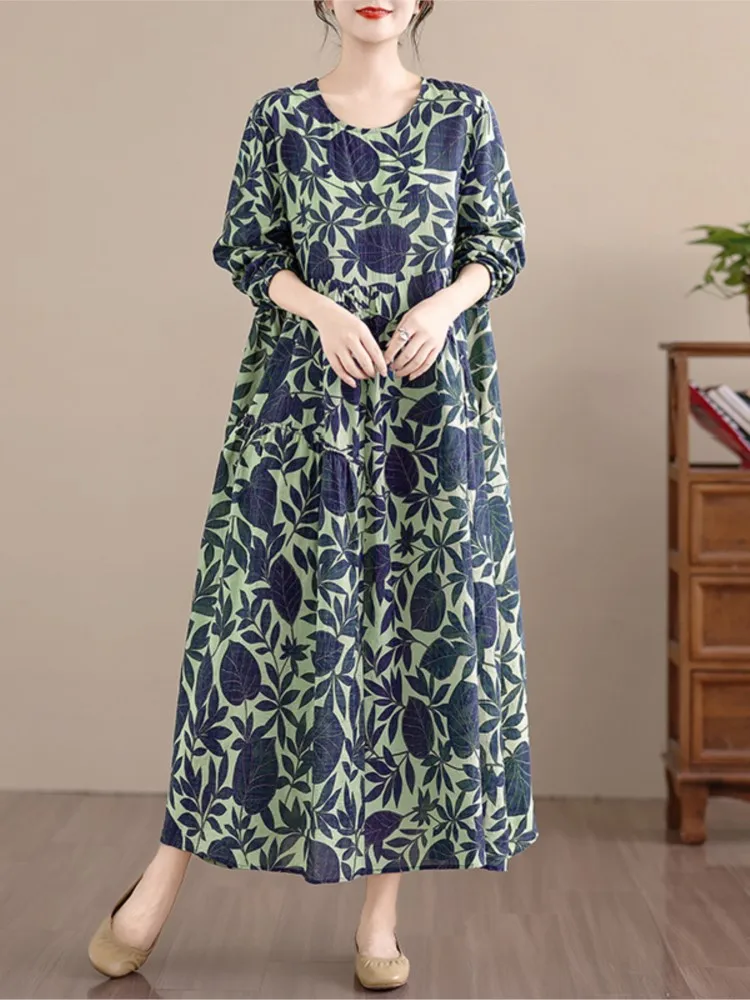 Abito autunnale oversize da donna fiore floreale moda cotone lino abiti da donna abito casual allentato pieghettato con volant