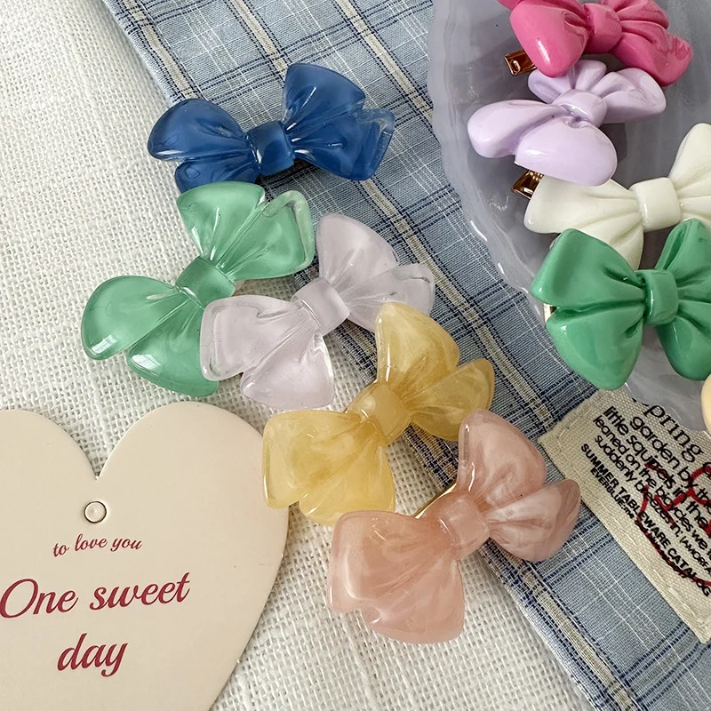 2pcs/set Cute New Bow Hair Clip Acrylic Side Pin Plain Color Barrettes Women Hair Accessories