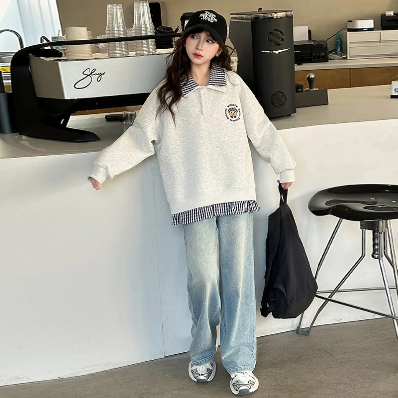 

2025 Spring and Autumn Girls Double Neck Sweater Fake Two Pieces Fashion Boutique High Quality