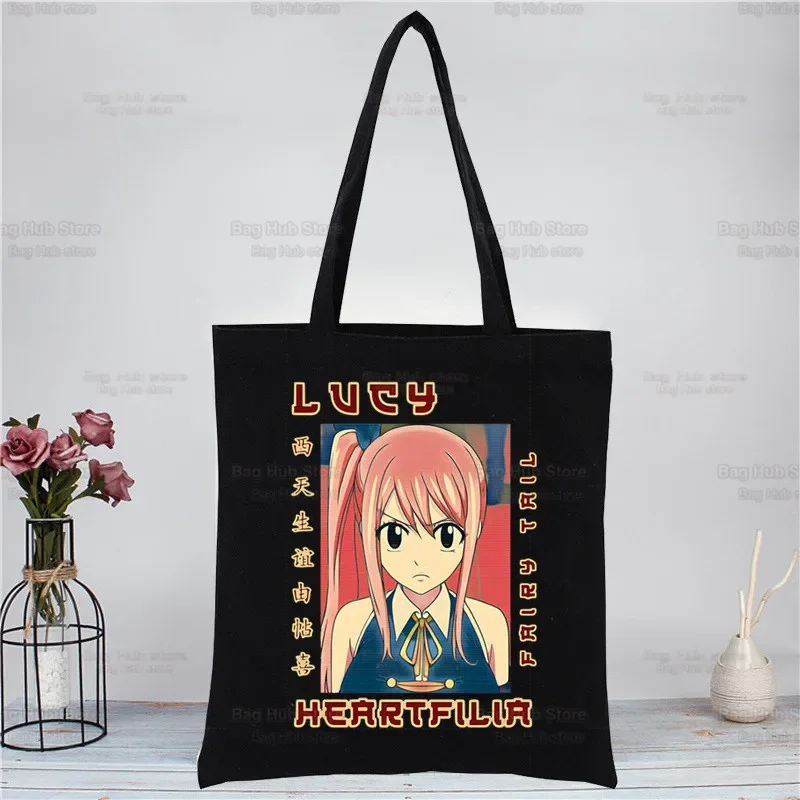 

Аниме Fairy Tail мультфильм Нацу Эрза Серый Люси Холст Черная сумка для покупок Многоразовая тканевая сумка для книг Подарочная сумка