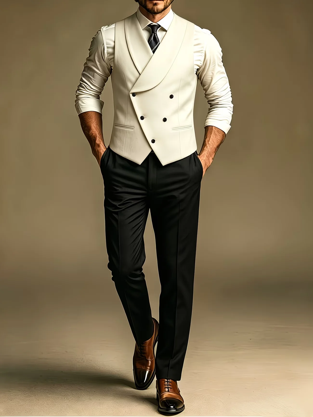 Men's Waistcoat British Retro Shawl Lapel Double Breasted Suit Vest Slim Fit All Match Formal Gilet Wedding Business Streetwear