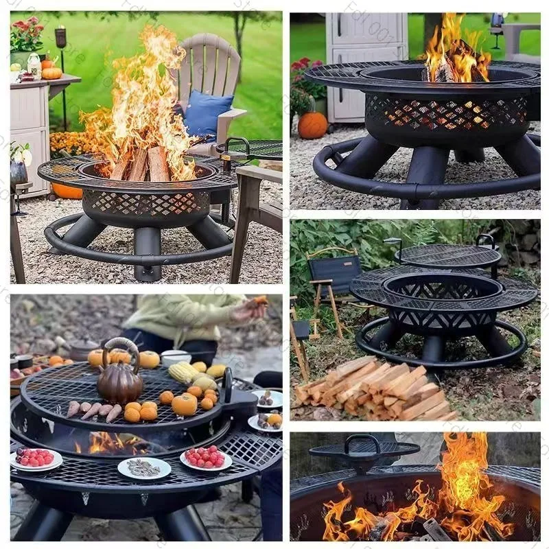 Round Outdoor Fire Pit BBQ Grill  Patio Heating Stove Charcoal Fire Bowl for Courtyard Camping