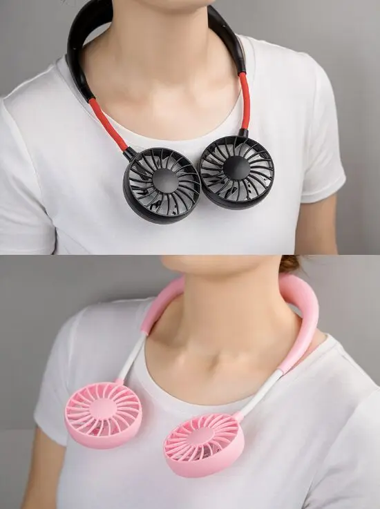 1Pc Portable Fans Hand Free Neckband Fans With USB Rechargeable Operated Dual Wind Head 3 Speed Adjustable Fan