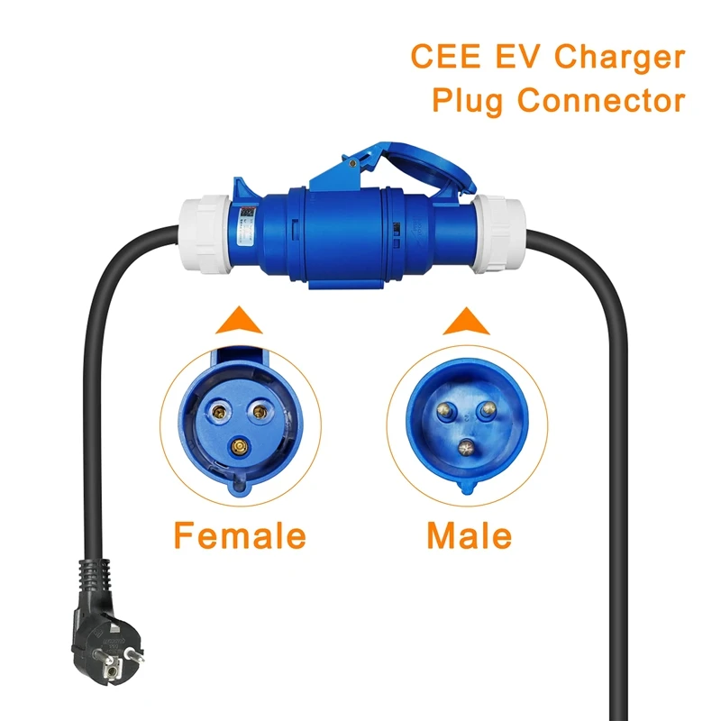 1 PCS EV Charger Female Plug 3 Pins Adapter Waterproof Connection Wallmount Socket 32A 1Phase 7KW Blue Portable Charger EU Plug