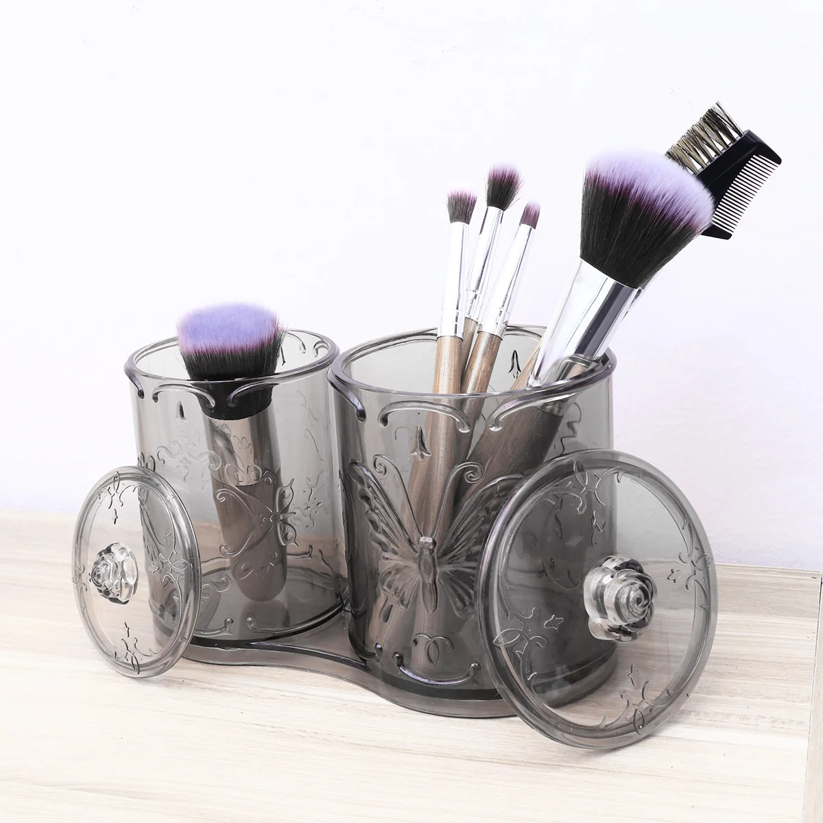 Scatola portaoggetti trasparente 2 scomparti Porta pennelli per trucco Palla di cotone ganizer Astuccio per sopracciglia Accessori cosmetici Tampone
