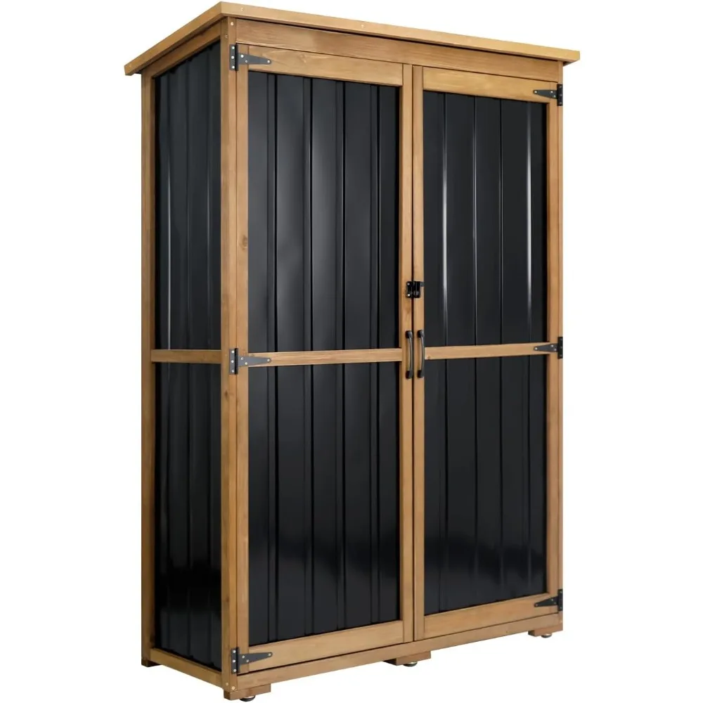 

Outdoor Storage Cabinet Wood & Metal, Storage Shed Waterproof Double Lock for Anti-Theft Removable Shelves Adjustable Feet Woode