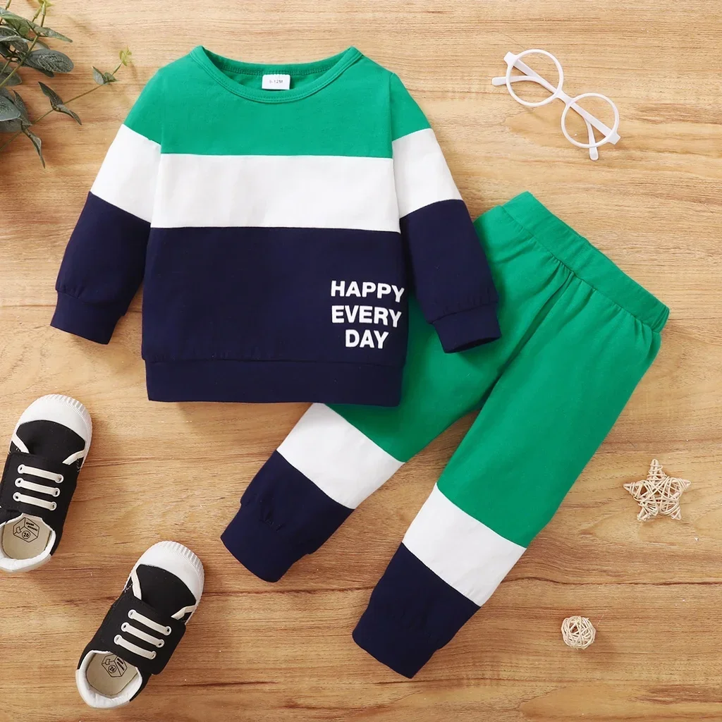 0-2 Years Newborn Baby Boy 2PCS Clothing Set Patchwork Long Sleeve T-shirt Top+Pants Set Toddler Spring and Autumn Sports Outfit