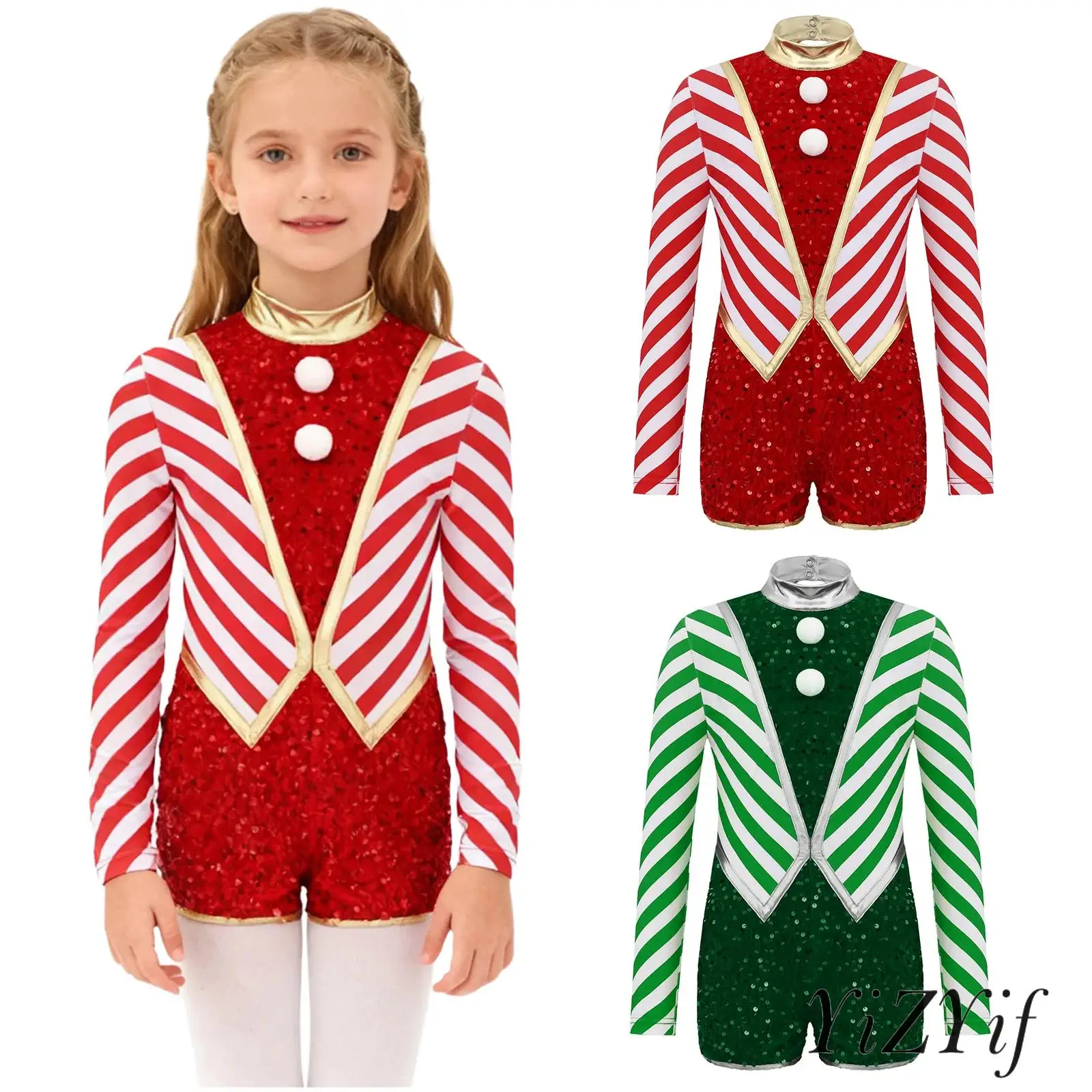 

Kids Girls Christmas Party Candy Cane Rompers Mock Neck Long Sleeve Stripes Sequins Pompoms Xmas New Year Jumpsuit Costume