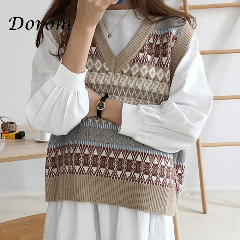 Vintage Argyle V-neck Knitted Sweater Vest Women Autumn Korean Sleeveless Loose Pullover Casual Oversized Waistcoat Female Tops