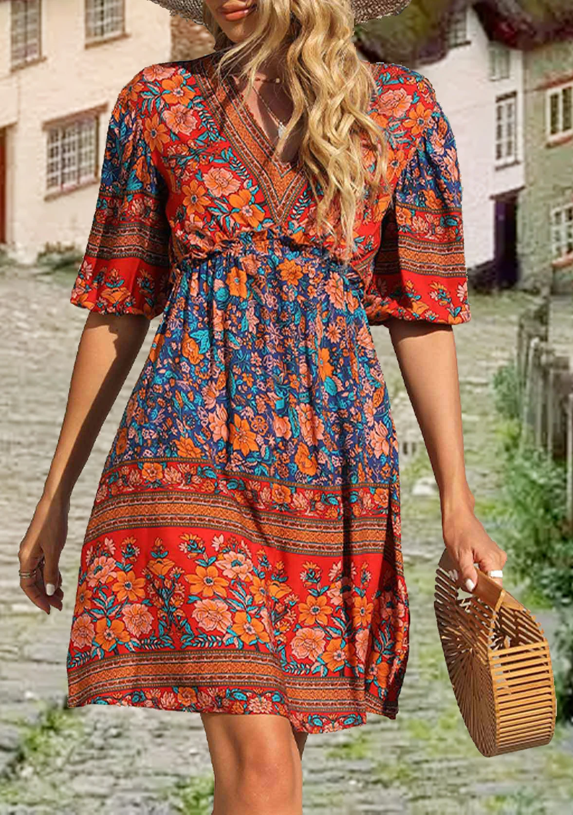 

New Summer Dress V-neck 5-quarter Sleeves Waist Pleated Printed Retro Knee-length Mid-length Skirt Bohemian Beach Casual Skirt