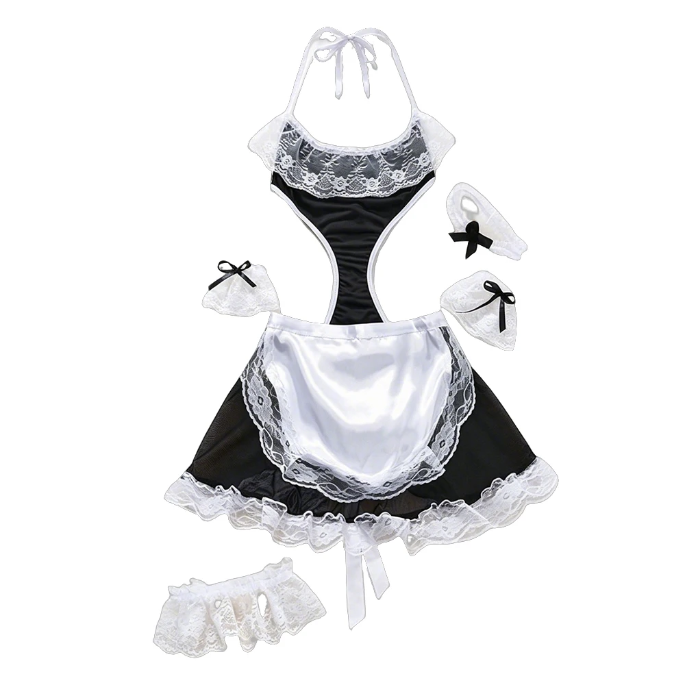 

Women's French Maid Costume Set Halter Neck Skirt with Apron and Accessories for Halloween Cosplay Themed Party Role Play Events