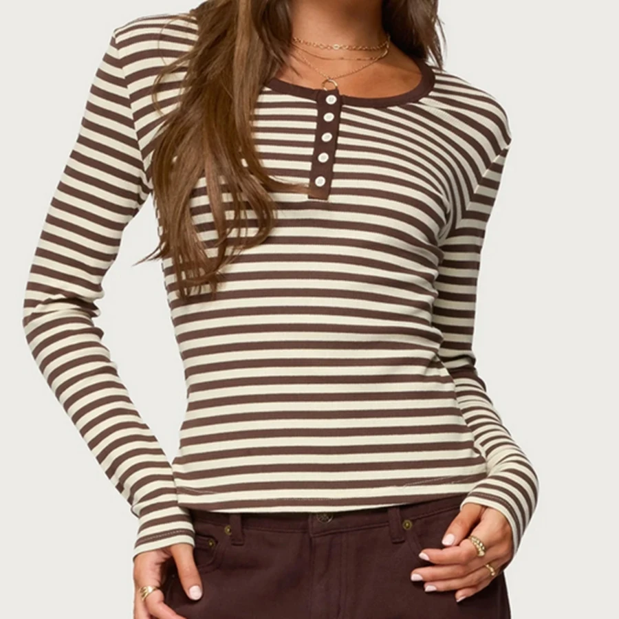 Damen-Hemden, lässig, langärmelig, braun-weiß gestreift, T-Shirts mit Knopfleiste vorne, leichte Herbst-Tops, klassische Passform, Henley-Hemden