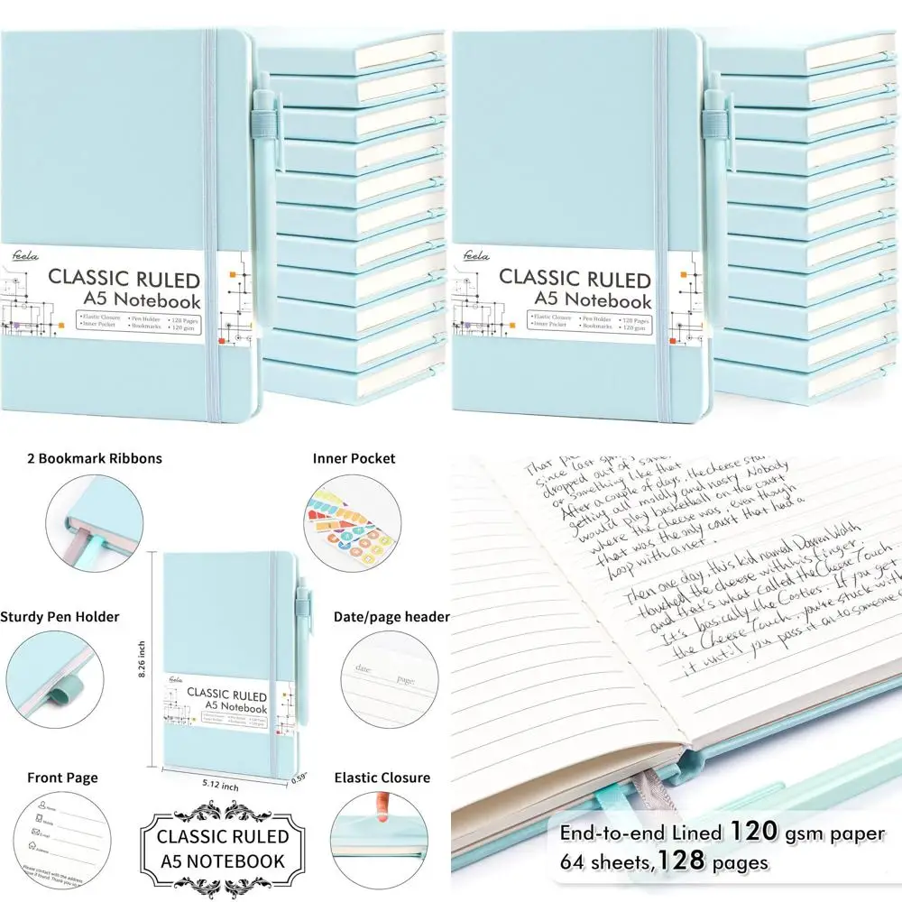 

Набор журналов формата А5 небесно-голубого цвета в твердом переплете с подставкой для ручек, 12 блокнотов и ручек, бумага 120 GSM