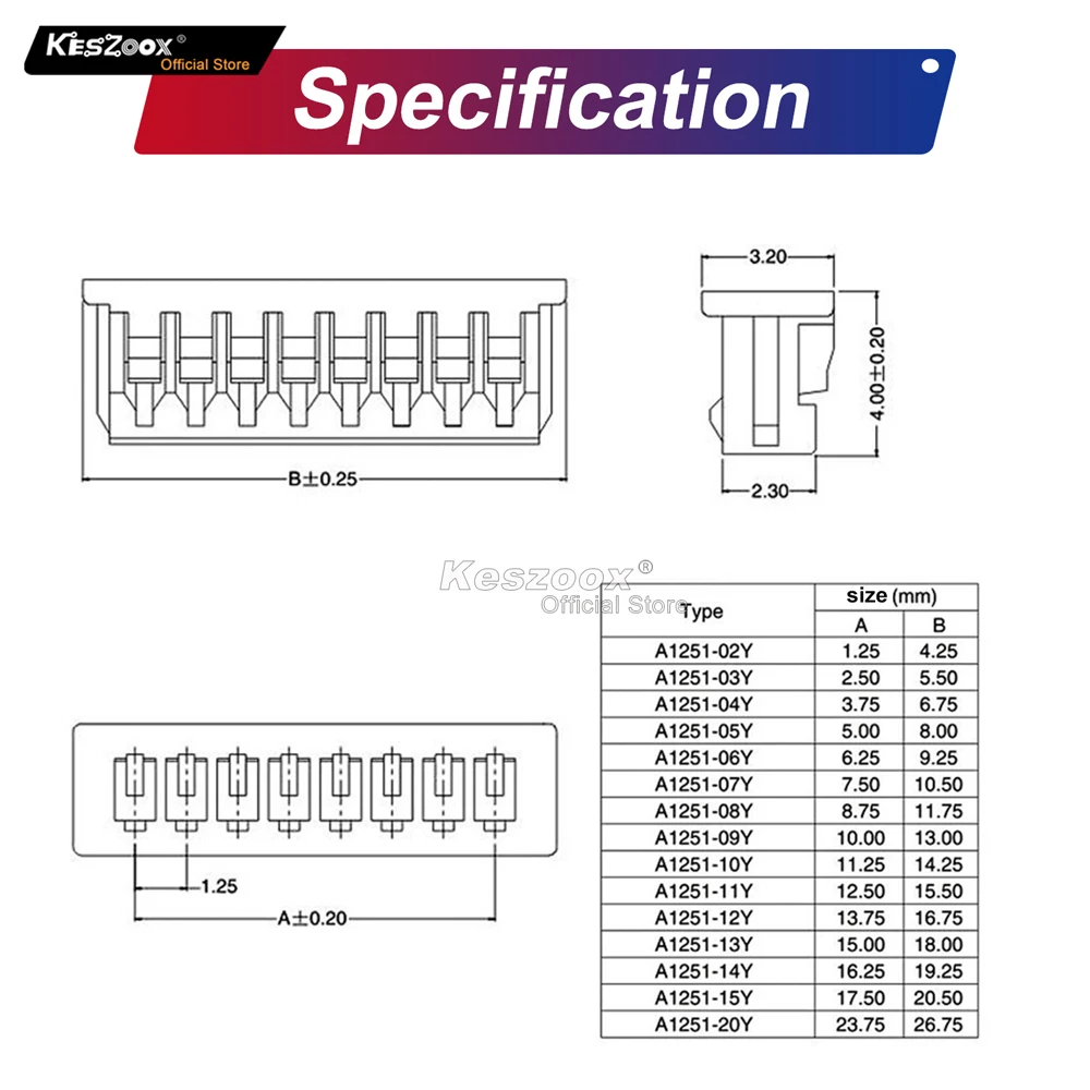 keszoox Molex 1.25mm 51021-02 MX 1.25mm Male Connector Kit 53047-0260 2-10P Housing with 28AWG Pre-crimped Cable