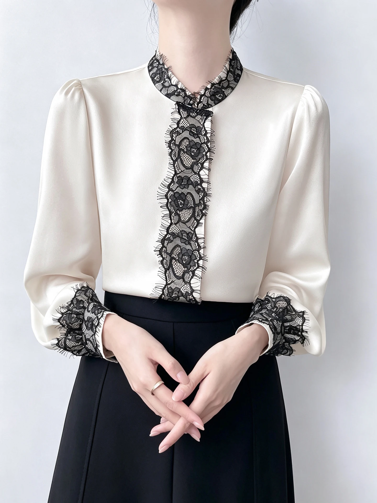 Korean Style Long Sleeve Lace Paneling Drapey Shirt Women's Autumn Commute Elegant Office Shirt Stand Collar Top