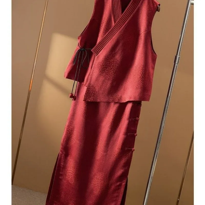 

2025 New Spring Two Piece Sets Womens Outifits Suit Korean Fashion Silk Vest and Skirt Set for Women Sleeveless Loose Skirt Set