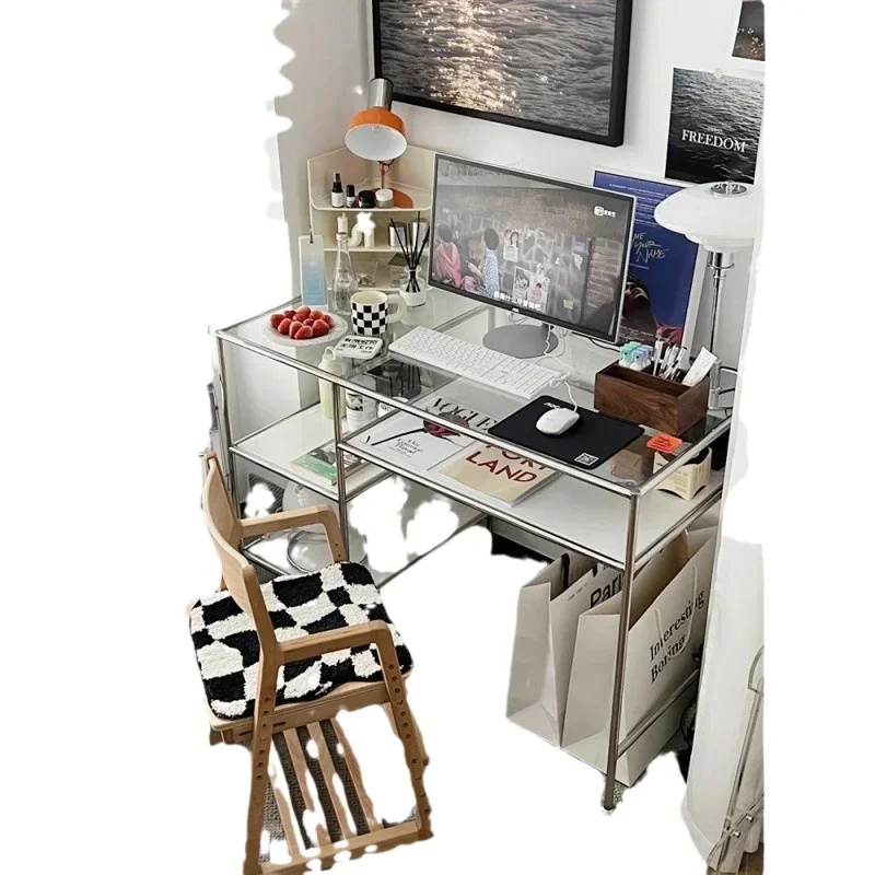 Stainless steel desk, transparent light luxury desk Internet celebrity study, writing and dressing