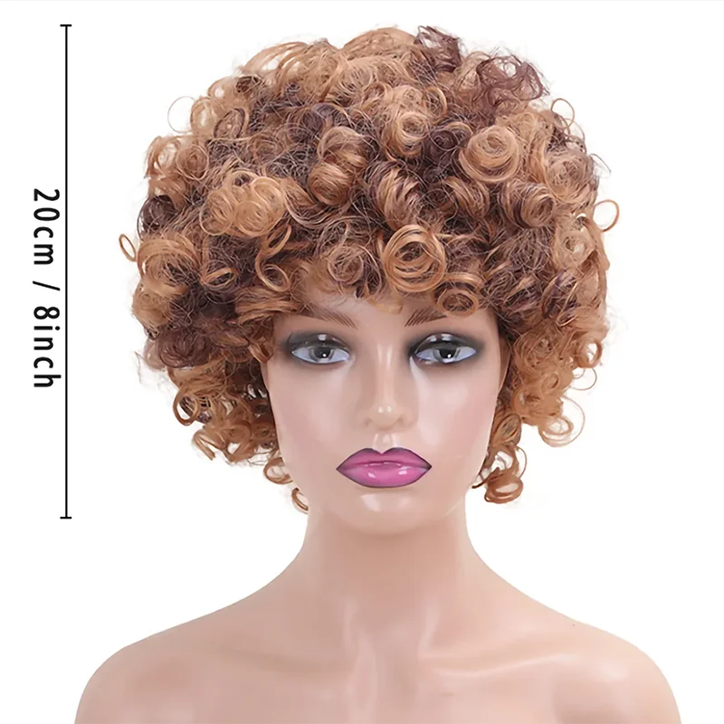 8インチのブラウンのアフリカのカーリー合成ウィッグは黒人女性に適しています。 ふわふわ、ナチュラル、耐熱性があり、日常使いに最適です。