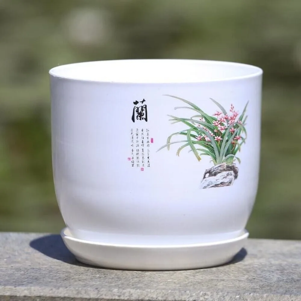 

Extra Large Plastic Flower Pot White Breathable PP Resin Flower Pot With Tray Round Imitation Porcelain Indoor Flowers
