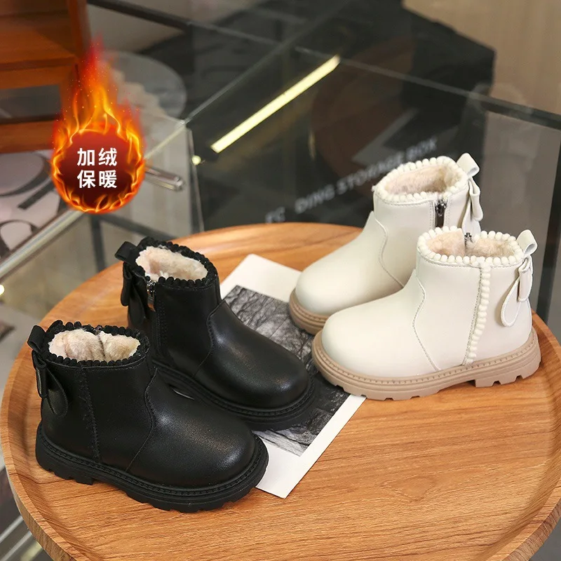 Kids'Boots Solid Color PU Leather Fleece-lined Fashion Winter Shoes For Girls Anti-slip Warm Black White Shoes Size 21-32
