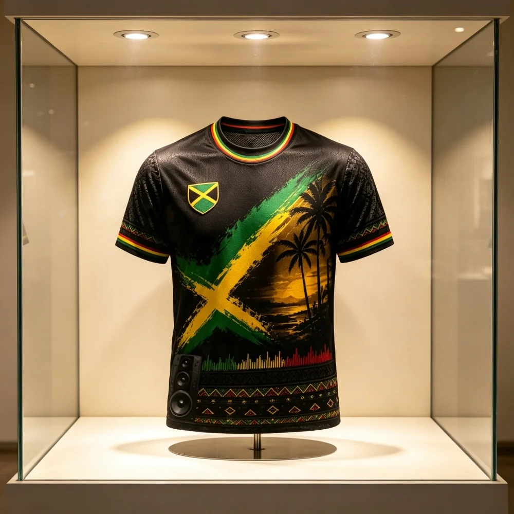 Neues Unisex Jamaica Fußballtrikot Retro Rundhals Kurzarm Atmungsaktiv Leicht und Dünn Bestseller Schnelltrocknend Familien-Kinder-T-Shirts – Detail 1