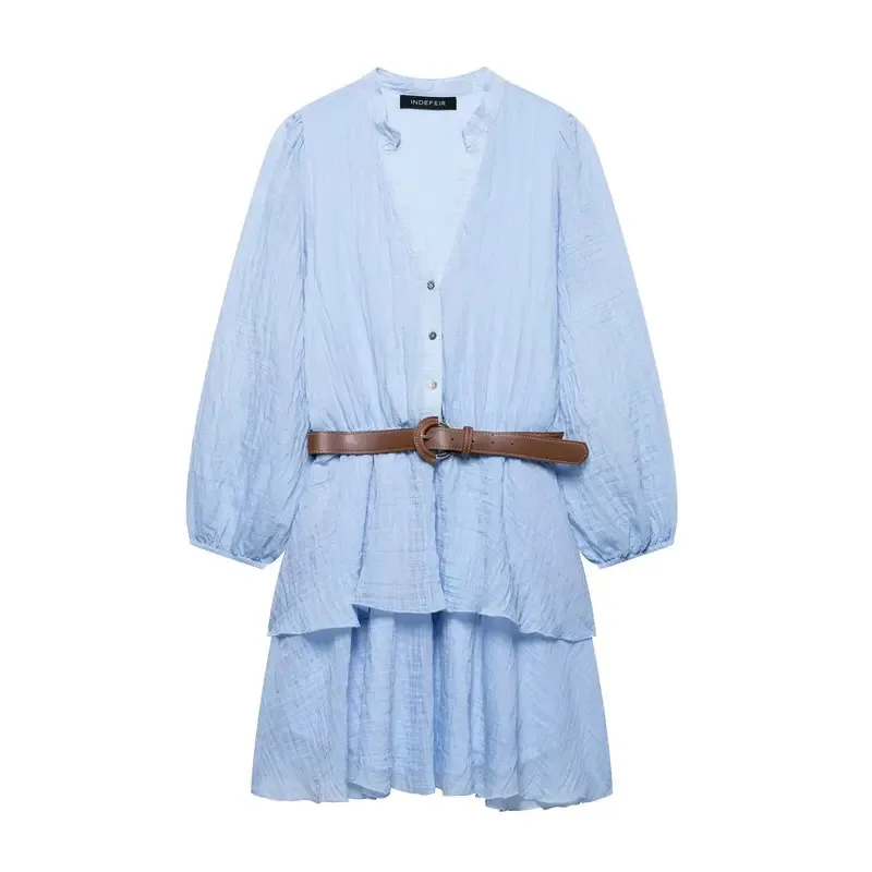 Moda casual feminina em camadas cor sólida com decote em v único breasted manga comprida faixa mini vestido nova moda 2025 vestido de verão