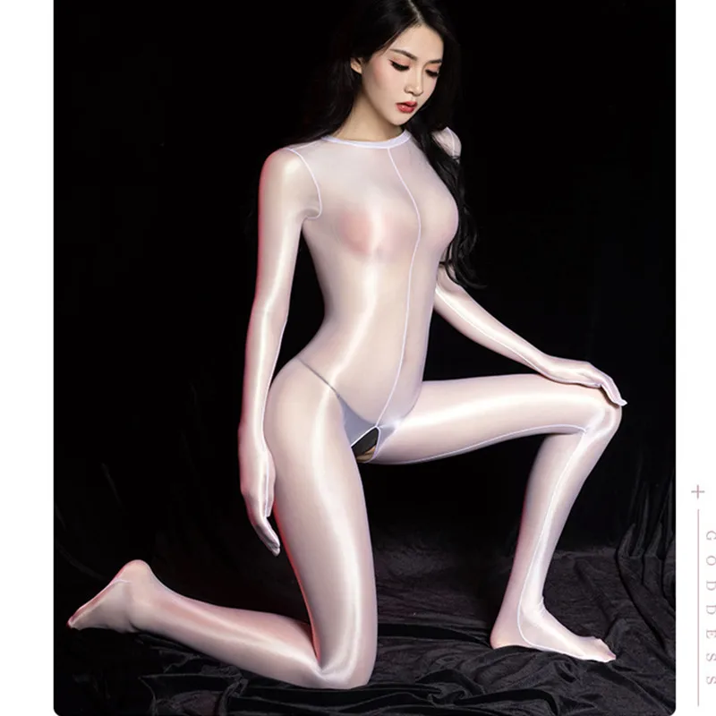 Sexy Women Shiny Crotchless Bodysuit Sheer Open Crotch Long Sleeve Teddies Bodysuit Bodystockings Silky Full Body Suit Jumpsuit