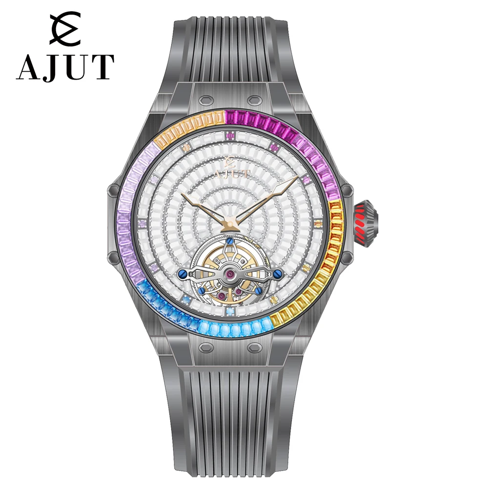 AJUT automatique Tourbillon mouvement montres pour homme saphir volant mécanique avec diamants carrés ciel étoilé montre pour hommes 0382