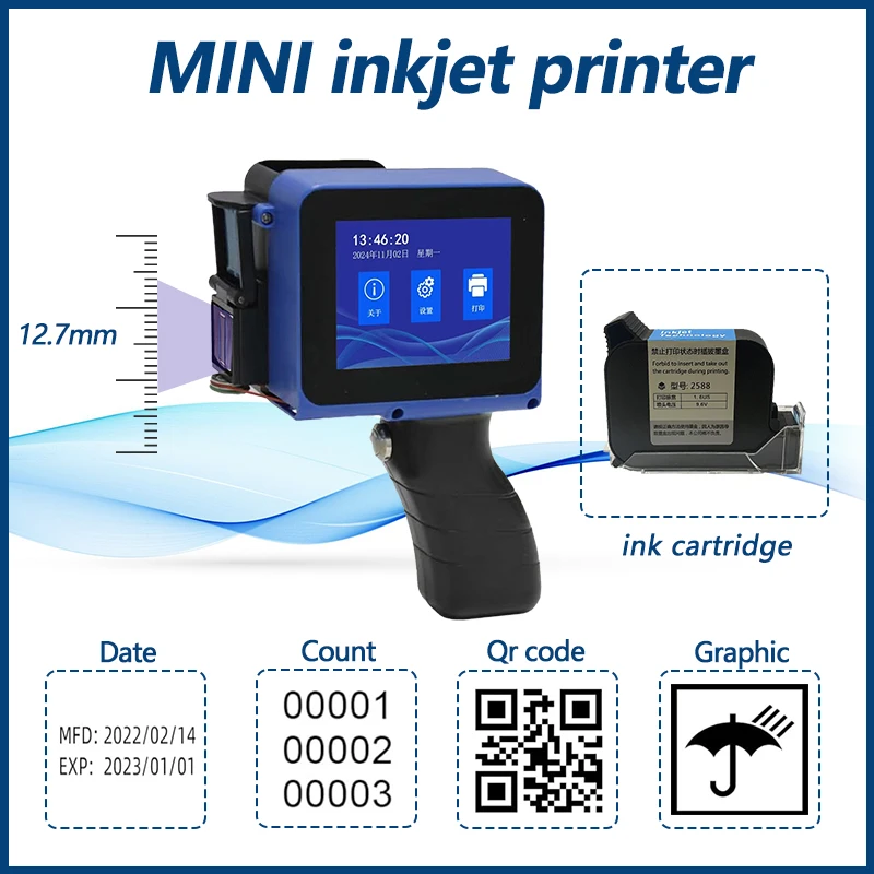 

Mini Portable Handheld Inkjet QR Barcode Printer 12.7mm Batch Date Number Logo Expiry Coding Machine Supports 28 Languages