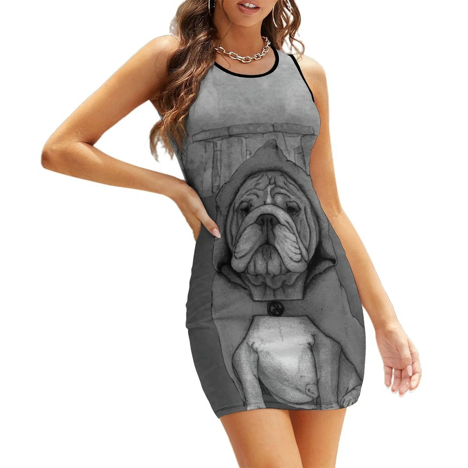 

English Bulldog With Stonehenge (bw) Sleeveless Sundress woman dress beach outfits for women party dresses woman