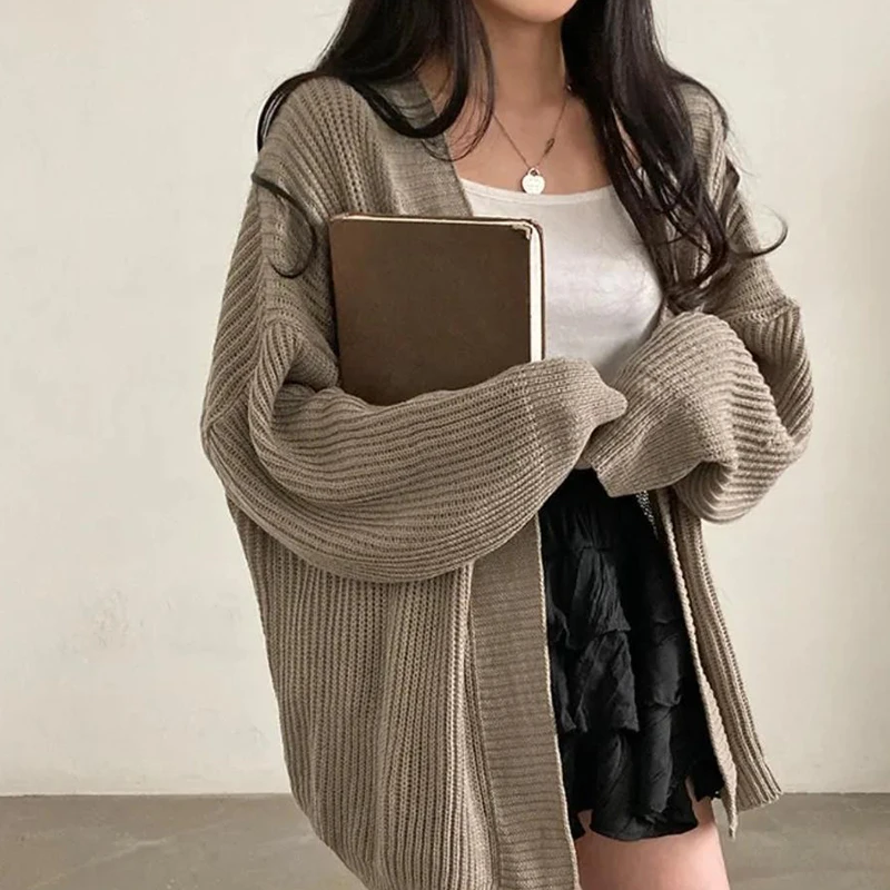 한국 단색 긴팔 가디건 여성 루즈핏 니트 스웨터 코트 여성 가을 겨울 랜턴 슬리브 가디건