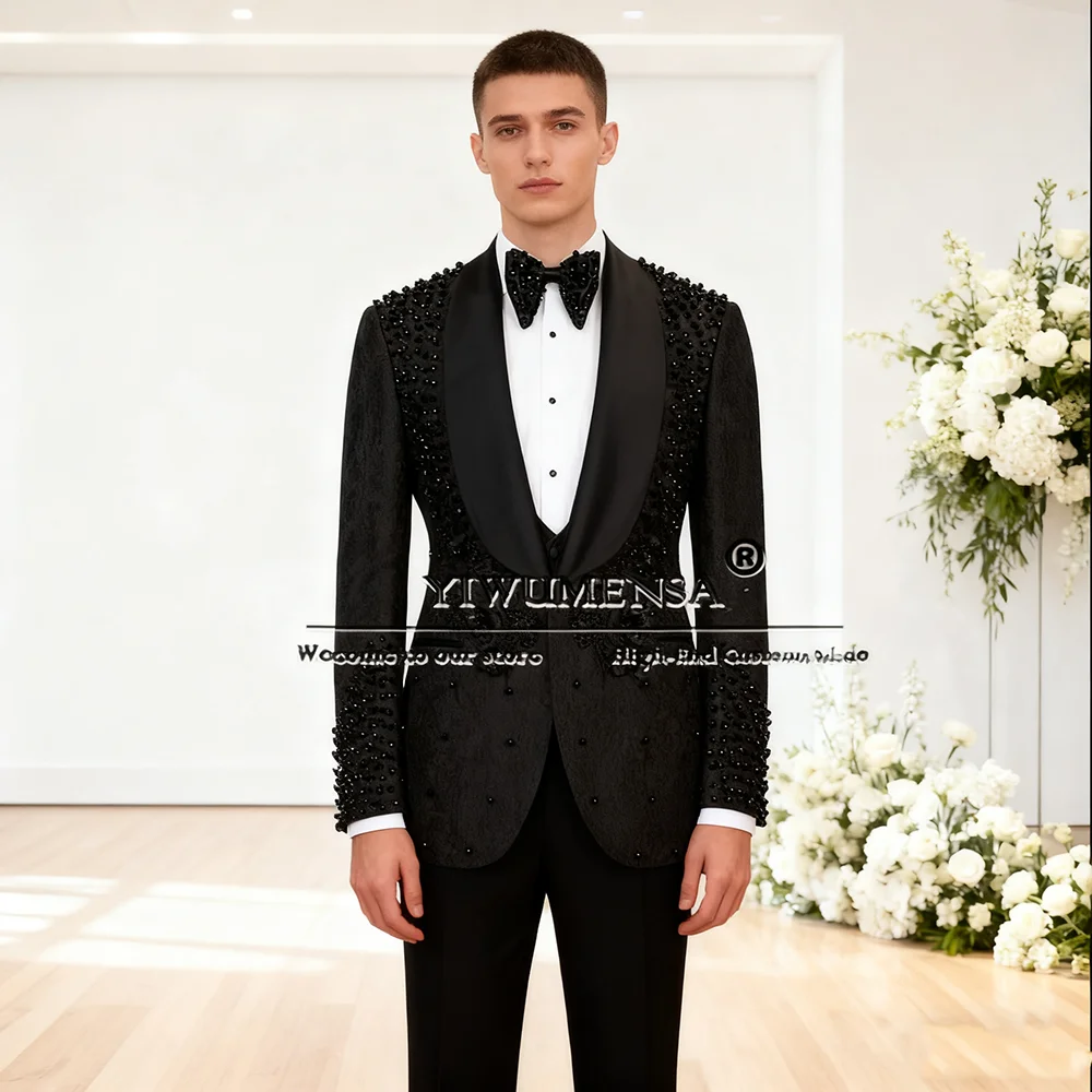 

Роскошные мужские костюмы с аппликацией из жемчуга и бисера на свадьбу, комплект из 2 предметов, куртка с цветочным узором, брюки, индивидуальный наряд жениха, мужские смокинги