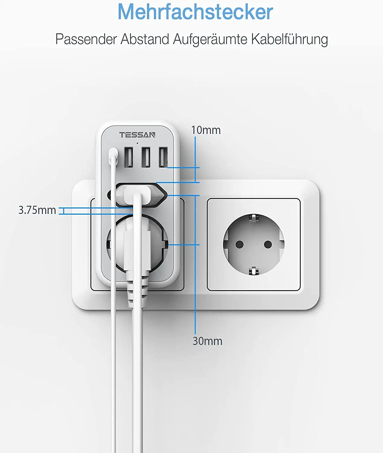 Estensione presa a muro verticale TESSAN con 2 prese ca + 3 porte USB + 1 tipo C adattatore di alimentazione spina ue protezione da sovraccarico per