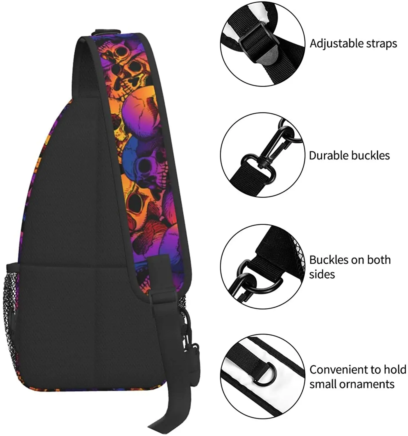 Purple Skull Crossbody Backpack for Women Men Hiking Travel Over the Shoulder Bag Pouch Small Daypack Casual One Strap Pack