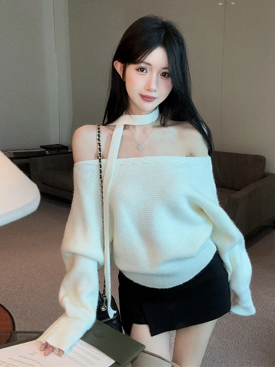 Ladies Long Sleeve Knitted Sweater Sexy Loose Fit Shoulder Bared Draped Vintage Fashion Inner Wear Base Layer Top for Autumn