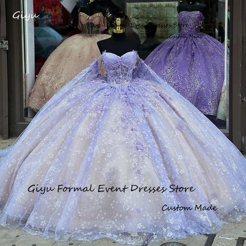 Giyu Luxury Lace Flowers Ball Gown vestidos de 15 quinceañera 2024 Cape Sleeves Sweetheart Ball Gown Prom Dress Wedding Dress