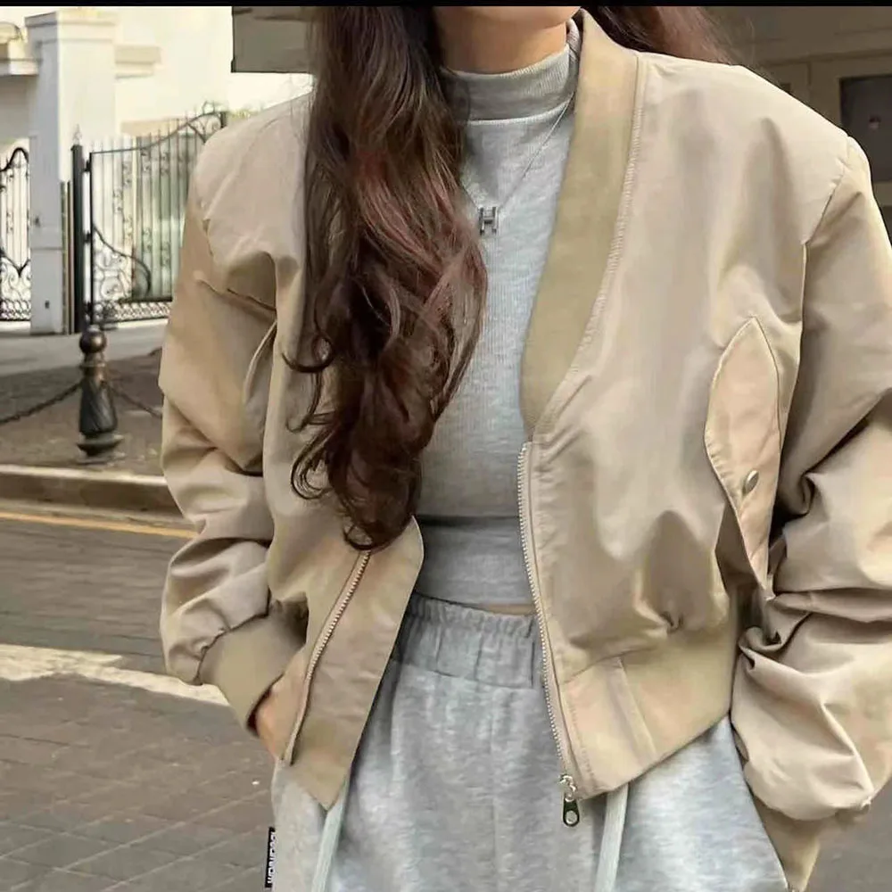 

Korean Streetwear Y2k Khaki Cropped Coat Female Oversize Windbreaker Women's Bomber Jackets 90s Vintage Harajuku Fashion Outwear