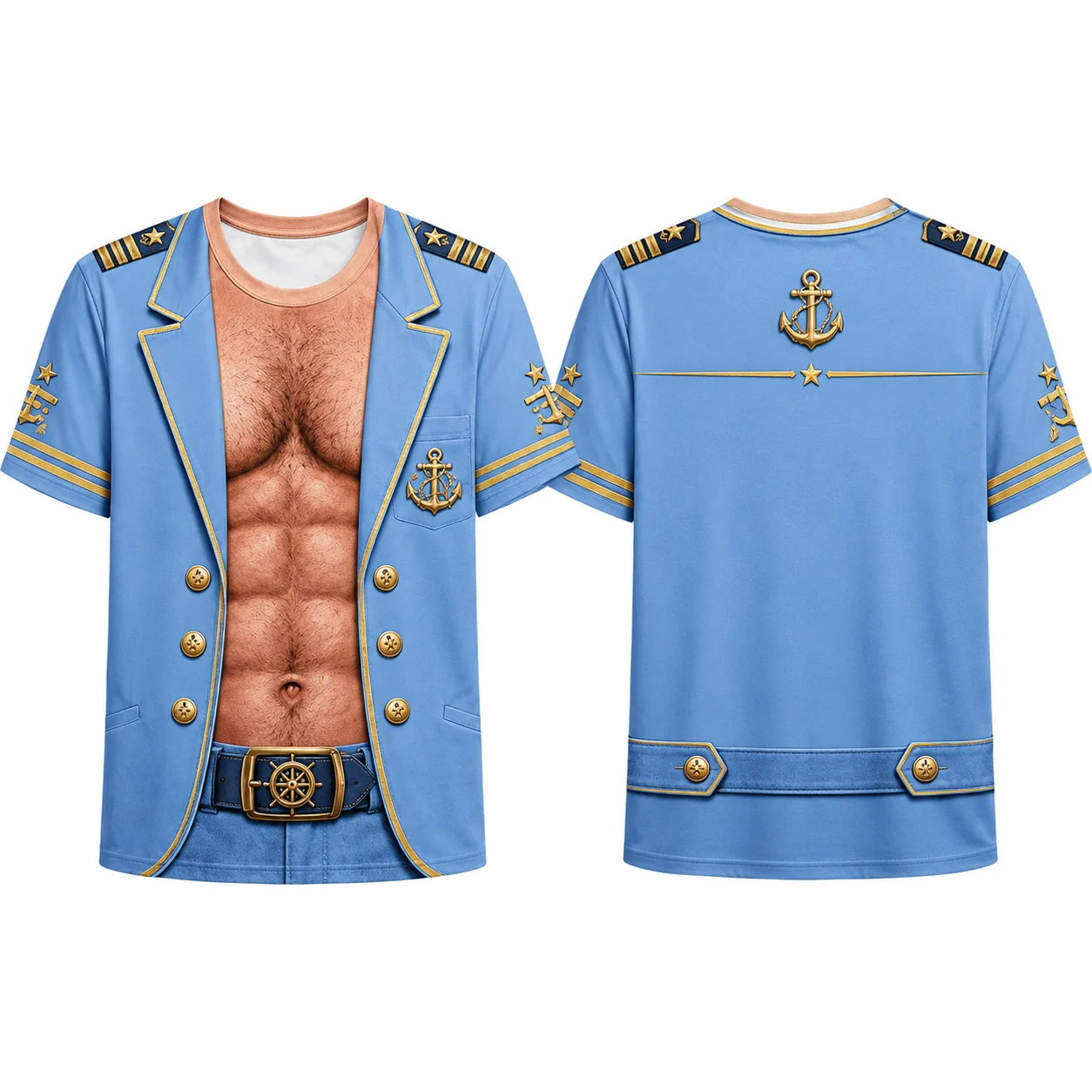 Funny Men’s Muscle T-Shirt, 3D Captain Uniform Print Tee, Novelty Nautical Sailor Shirt, Gag Gift for Him, Party Costume Top