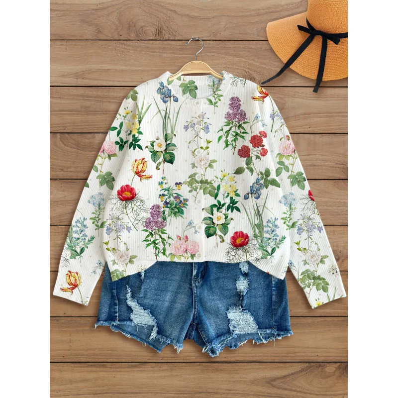 

New Pastoral Flower Print Pattern Girls Cardigan Sweater Thin Loose Round Neck Long Sleeve Spring Autumn Casual Fashion