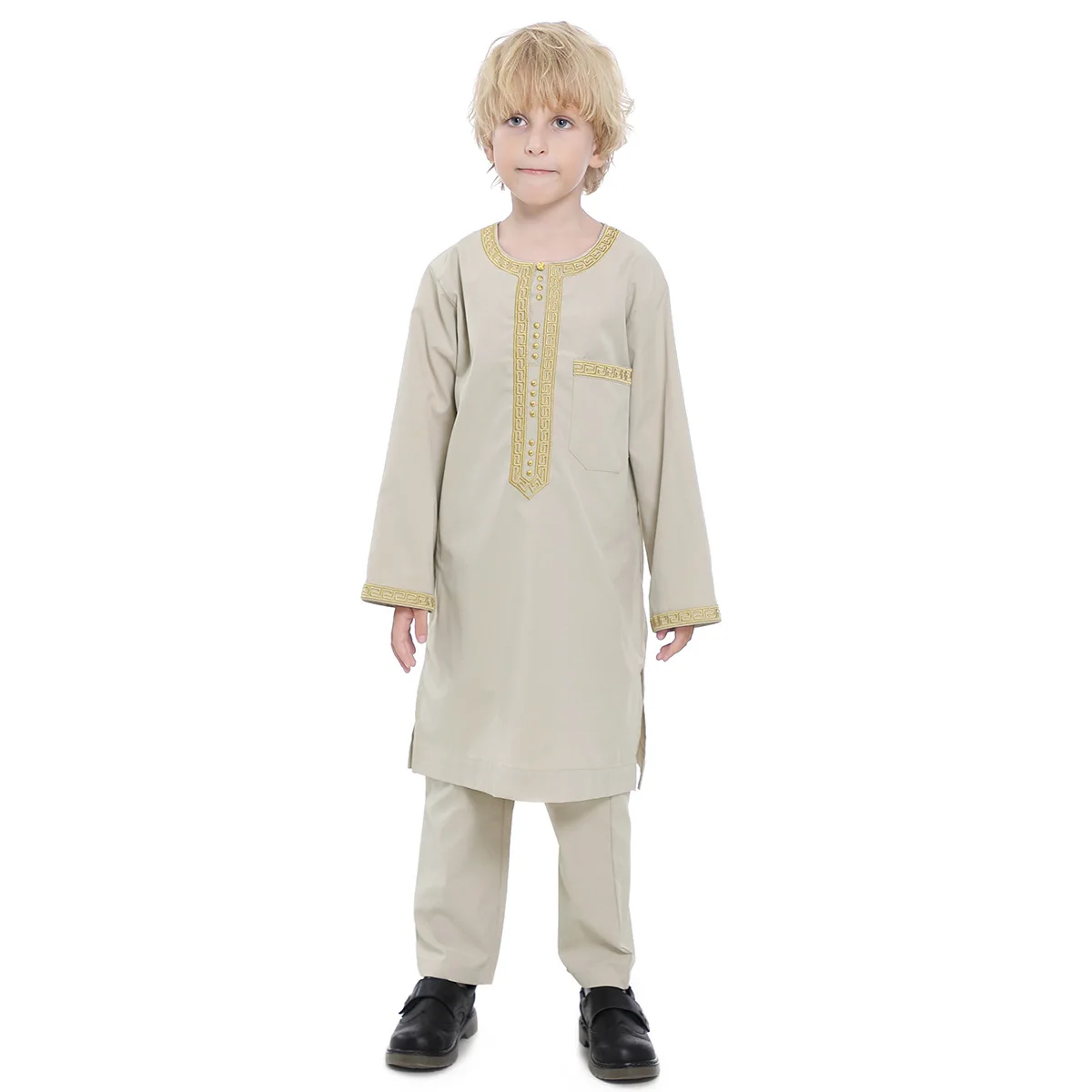 Thobe et pantalon pour garçons musulmans, col rond, brodé, bouton, manches longues, trempé, arabe, enfants, Ramadan Robe Caftan Set