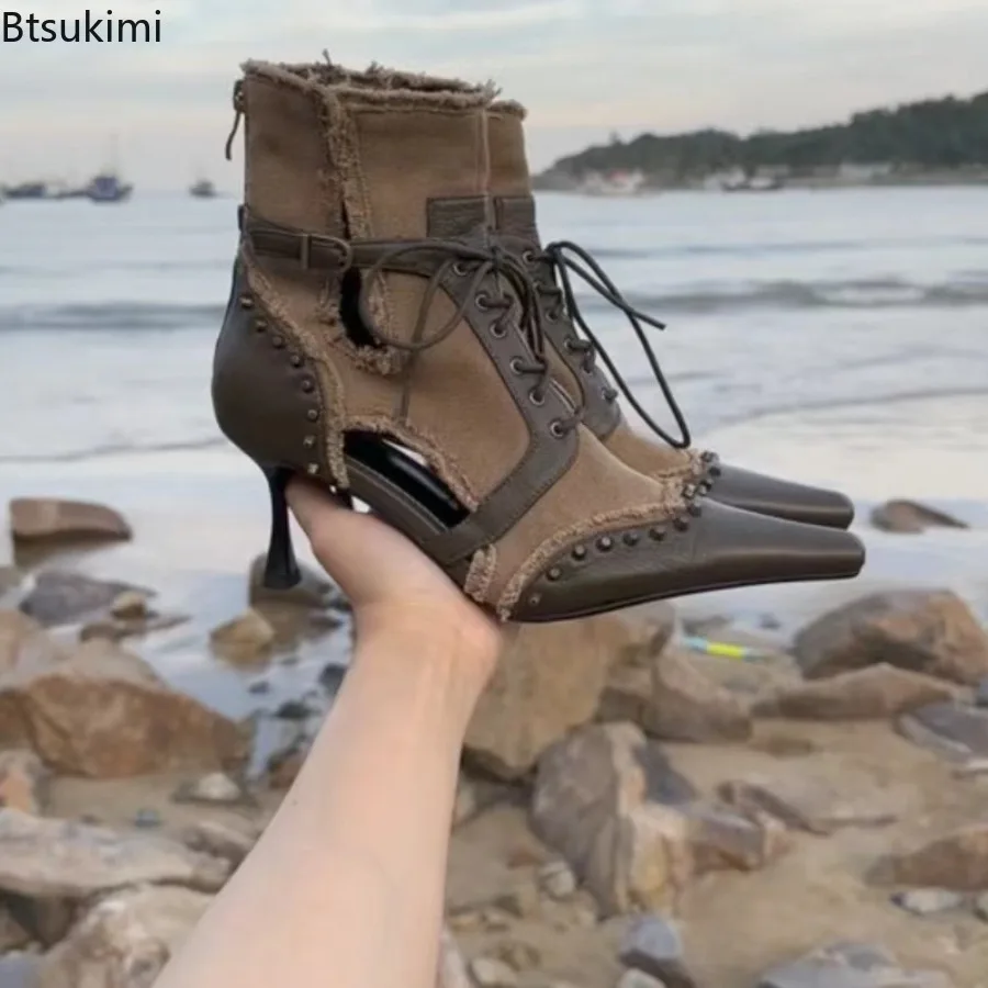 New Doomsday Wasteland Style Cowboy Boots Women Pointed Toe Splicing Hollow Retro Lace-up High HeelSandals Fashion Ankle Boots