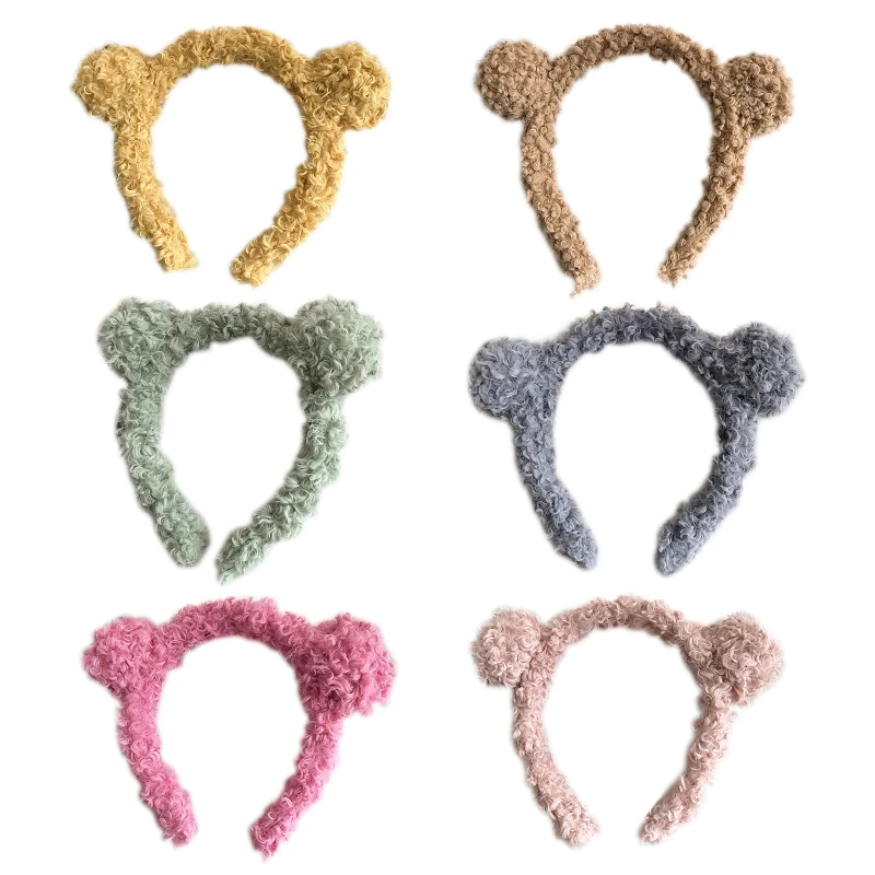 Women Girls Cartoon Bear Ears Headband Winter Thicken Fuzzy Plush Candy Color Hair Hoop Makeup Wash Face Headpiece