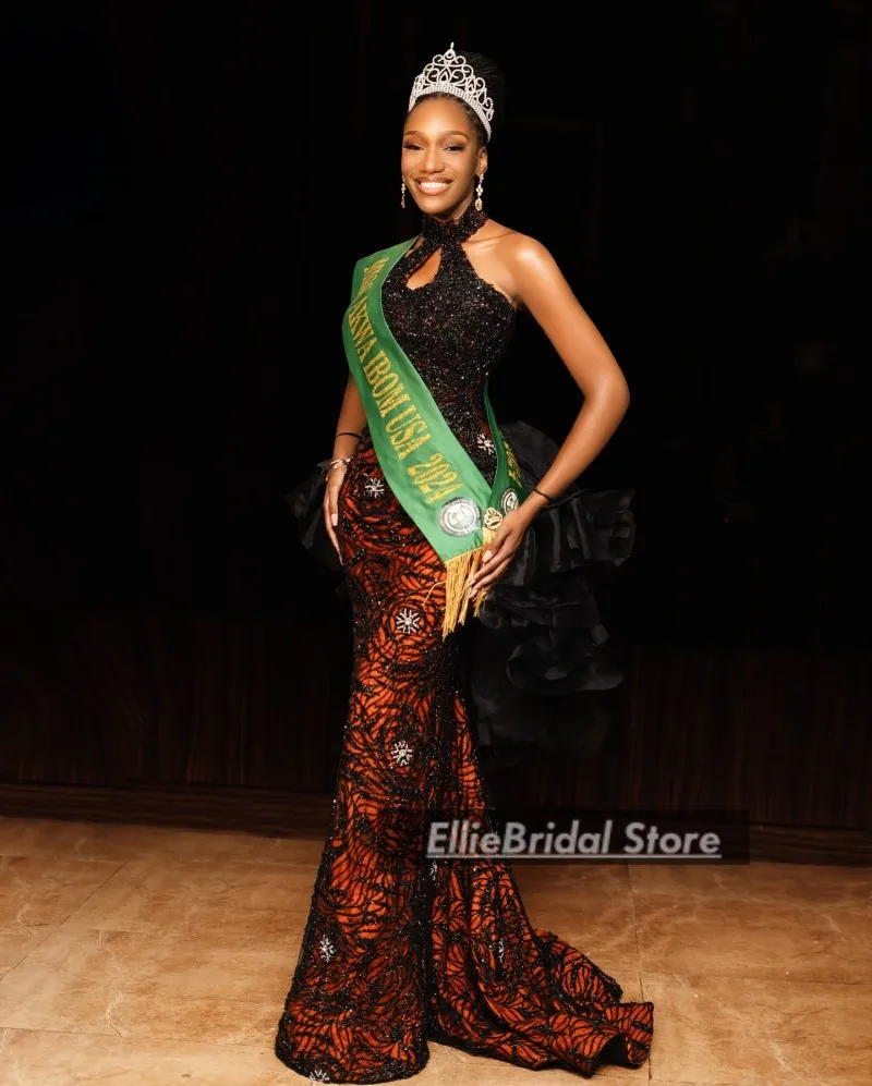 Abiti da sera per spettacoli di bellezza per le donne Abito da cerimonia nuziale in cristallo di pizzo Aso Ebi Abiti da ballo a sirena con scollo all'americana personalizzati