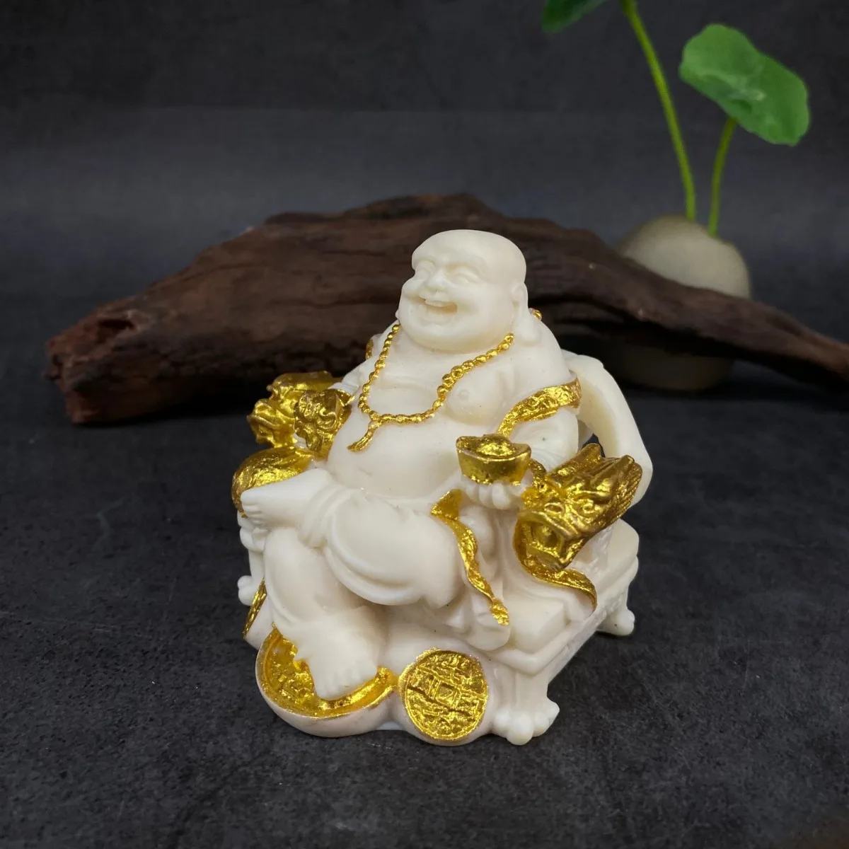 Ivory Nut Carved Gilded Wealth‑giving Maitreya Buddha Figurine Home Living Room Desktop Tea Pet Craft Ornament
