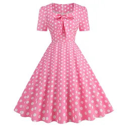 Formal Wedding Guest Dress Elegant Short Sleeve Square Neck Polka Dot Bownot A-Line Pink Dress Vintage Retro Birthday Dress