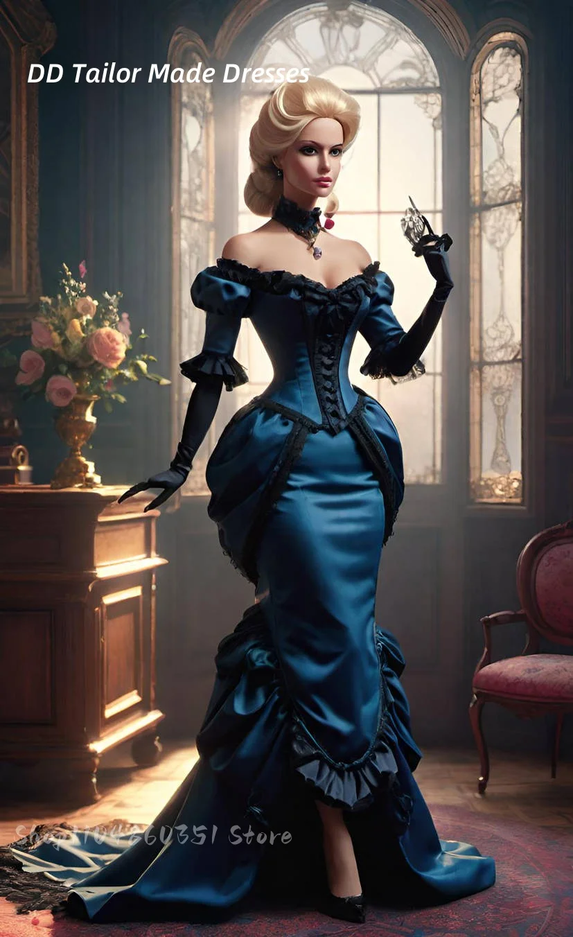 فستان حفلة موسيقية فيكتوري عتيق مكشكش من الساتان الصخب طويل أنيق عالي منخفض فساتين سهرة مزين بالدانتيل الأسود حسب الطلب