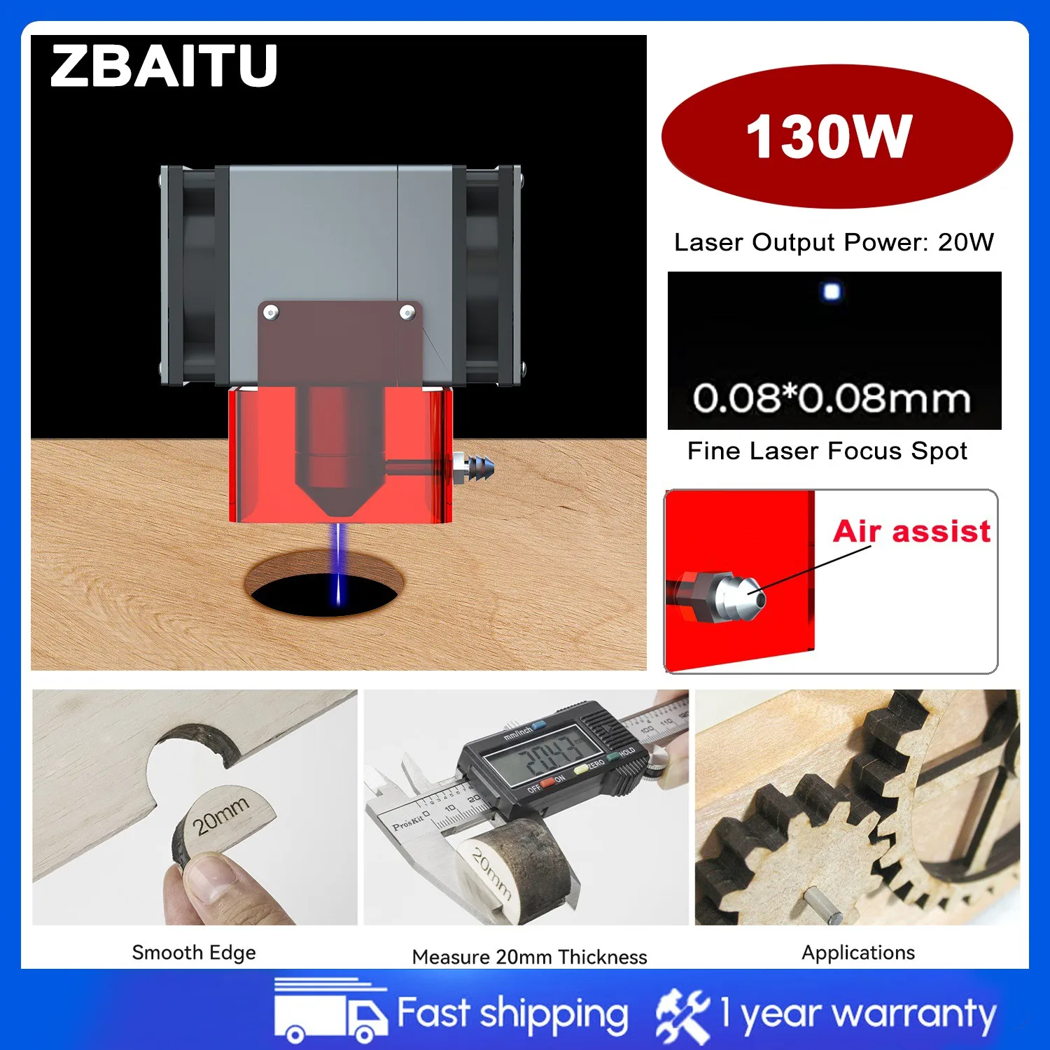 

ZBAITU 130W Laser Engraver Module Kit 20W Output Power Diode Laser Head for CNC Engraving Cutter DIY Metal Wood Leather Acrylic